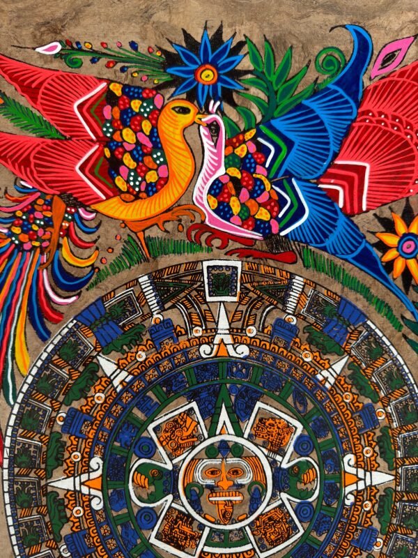 Aztec calendar painted on amate paper, original amate paintings in Mexican art, acrylic painting / Mexican painting authentic artisans. - Image 3
