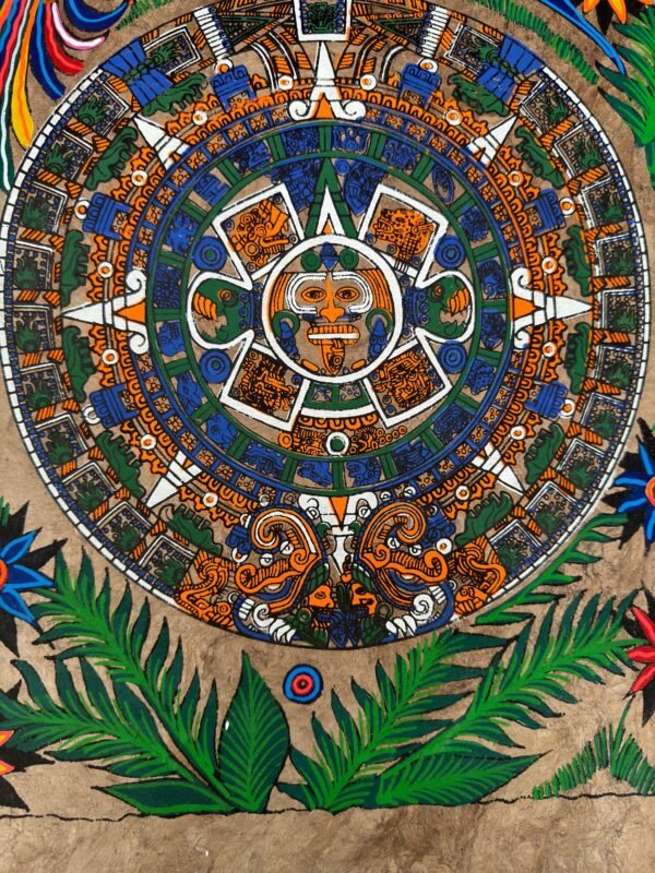Aztec calendar painted on amate paper, original amate paintings in Mexican art, acrylic painting / Mexican painting authentic artisans. - Image 4