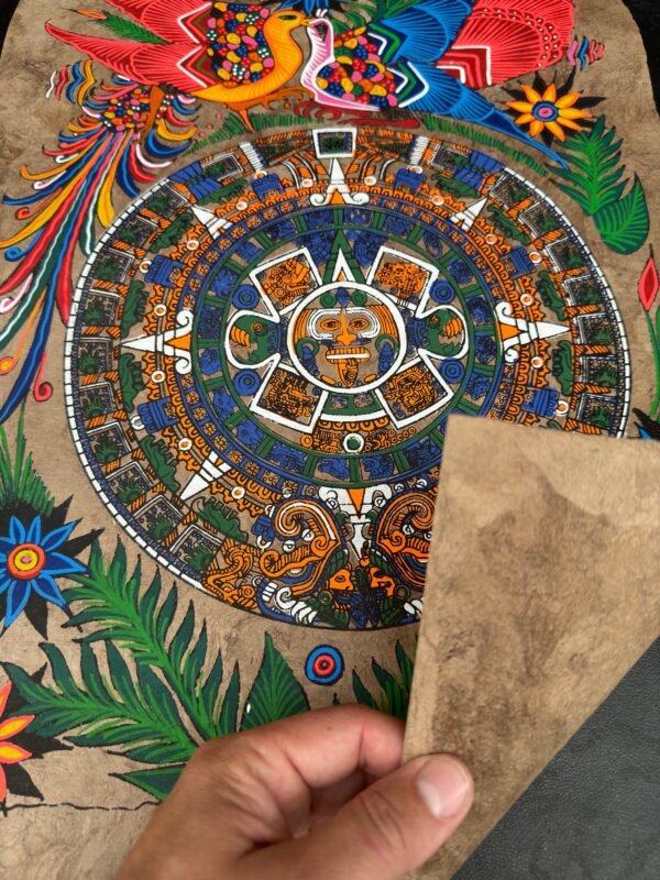 Aztec calendar painted on amate paper, original amate paintings in Mexican art, acrylic painting / Mexican painting authentic artisans. - Image 5
