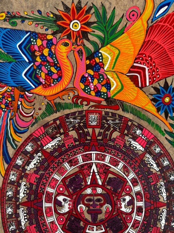 Aztec calendar painted on amate paper, original amate paintings in Mexican art, acrylic painting / Mexican painting authentic artisans. - Image 3