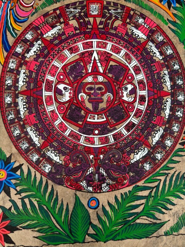 Aztec calendar painted on amate paper, original amate paintings in Mexican art, acrylic painting / Mexican painting authentic artisans. - Image 4