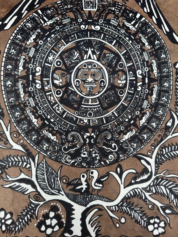 Aztec calendar painted on amate paper, original amate paintings in Mexican art, acrylic painting / Mexican painting authentic artisans. - Image 4