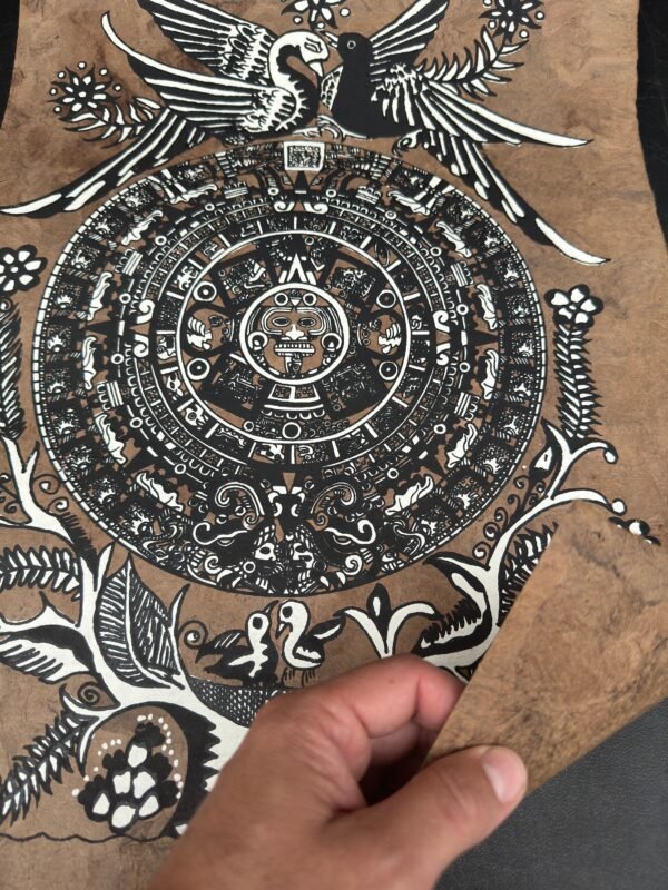 Aztec calendar painted on amate paper, original amate paintings in Mexican art, acrylic painting / Mexican painting authentic artisans. - Image 5