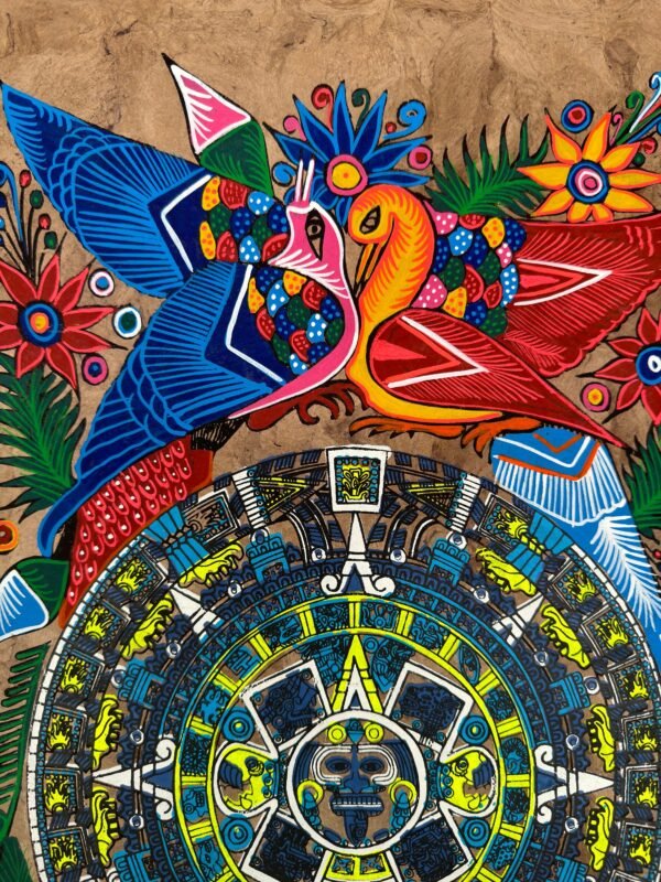 Aztec calendar painted on amate paper, original amate paintings in Mexican art, acrylic painting / Mexican painting authentic artisans. - Image 3