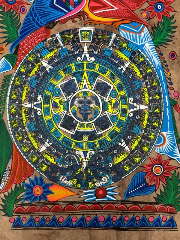 Aztec calendar painted on amate paper, original amate paintings in Mexican art, acrylic painting / Mexican painting authentic artisans. - Image 4