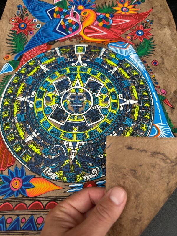 Aztec calendar painted on amate paper, original amate paintings in Mexican art, acrylic painting / Mexican painting authentic artisans. - Image 5