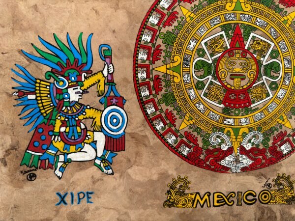 Aztec calendar painted on amate paper, original amate paintings in Mexican art, acrylic painting / Mexican painting authentic artisans. - Image 3