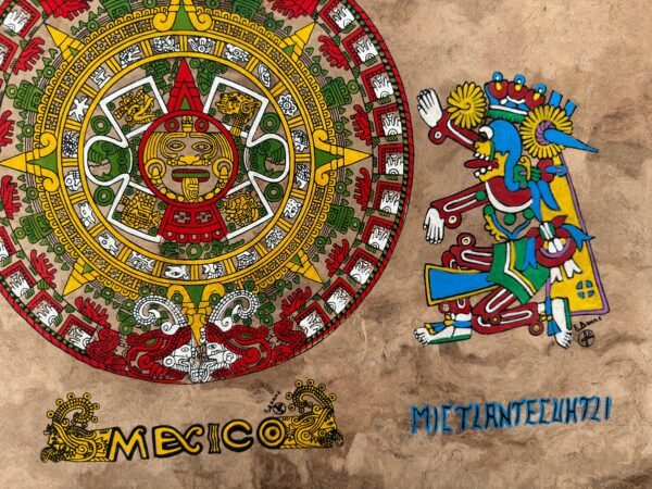 Aztec calendar painted on amate paper, original amate paintings in Mexican art, acrylic painting / Mexican painting authentic artisans. - Image 4