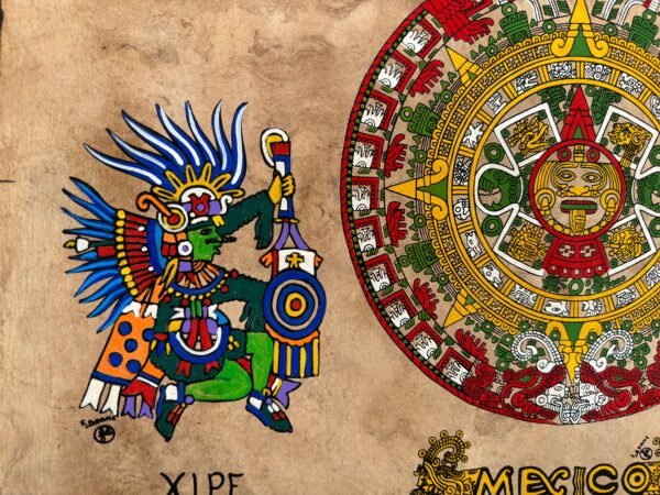 Aztec calendar painted on amate paper, original amate paintings in Mexican art, acrylic painting / Mexican painting authentic artisans. - Image 3