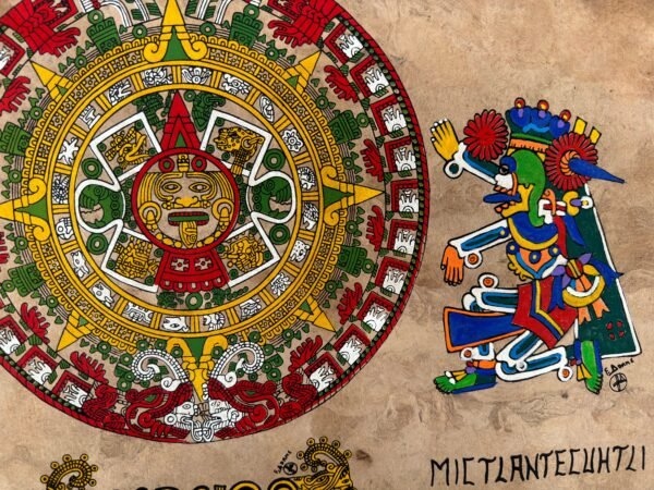 Aztec calendar painted on amate paper, original amate paintings in Mexican art, acrylic painting / Mexican painting authentic artisans. - Image 4