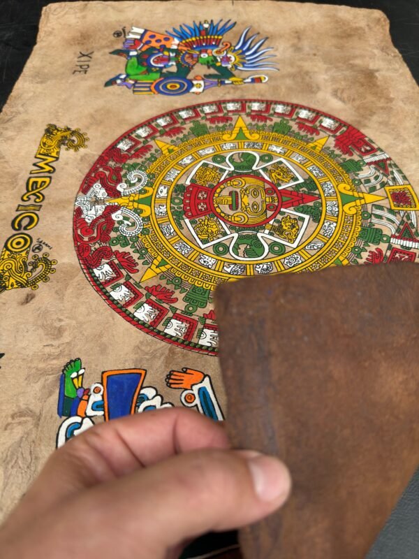 Aztec calendar painted on amate paper, original amate paintings in Mexican art, acrylic painting / Mexican painting authentic artisans. - Image 5