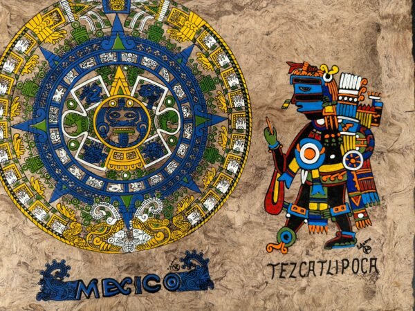Aztec calendar painted on amate paper, original amate paintings in Mexican art, acrylic painting / Mexican painting authentic artisans. - Image 4