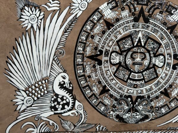 Aztec calendar painted on amate paper, original amate paintings in Mexican art, acrylic painting / Mexican painting authentic artisans. - Image 3