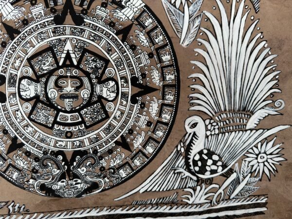 Aztec calendar painted on amate paper, original amate paintings in Mexican art, acrylic painting / Mexican painting authentic artisans. - Image 4