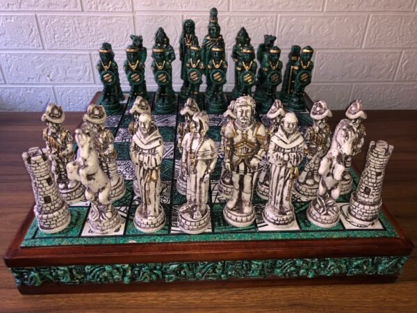 Chess set 16.53” x 16.53”, Resin Chess set in green and white, Mexican chess, Chess set handmade, Wooden chess, Doubles as a book - Image 3