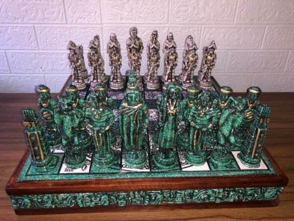 Chess set 16.53” x 16.53”, Resin Chess set in green and white, Mexican chess, Chess set handmade, Wooden chess, Doubles as a book - Image 5