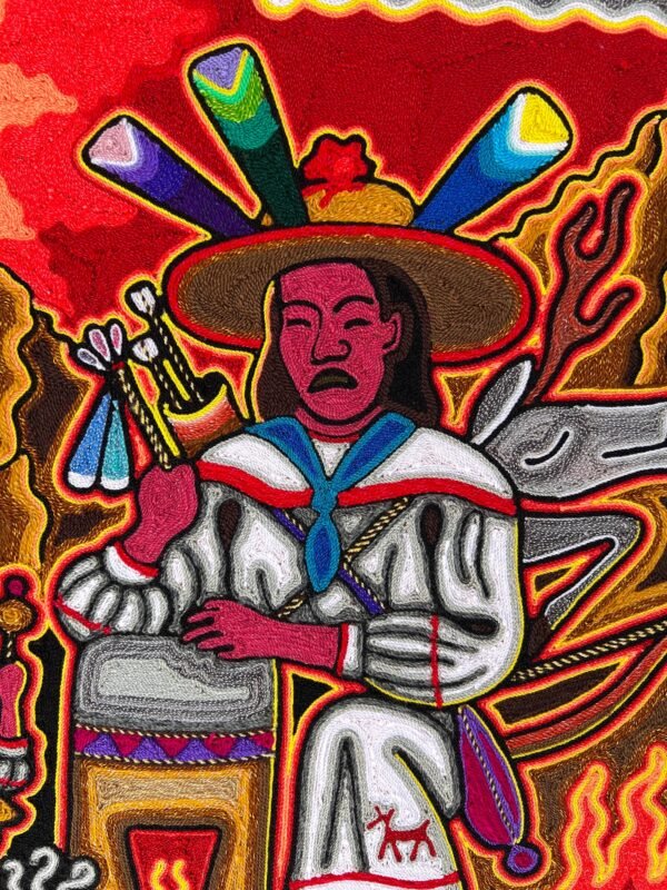 Huichol yarn painting, Mexican wall art, Wixarika culture, Abstract painting, 24” x  24” - Image 3