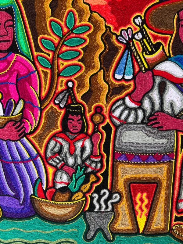 Huichol yarn painting, Mexican wall art, Wixarika culture, Abstract painting, 24” x  24” - Image 4