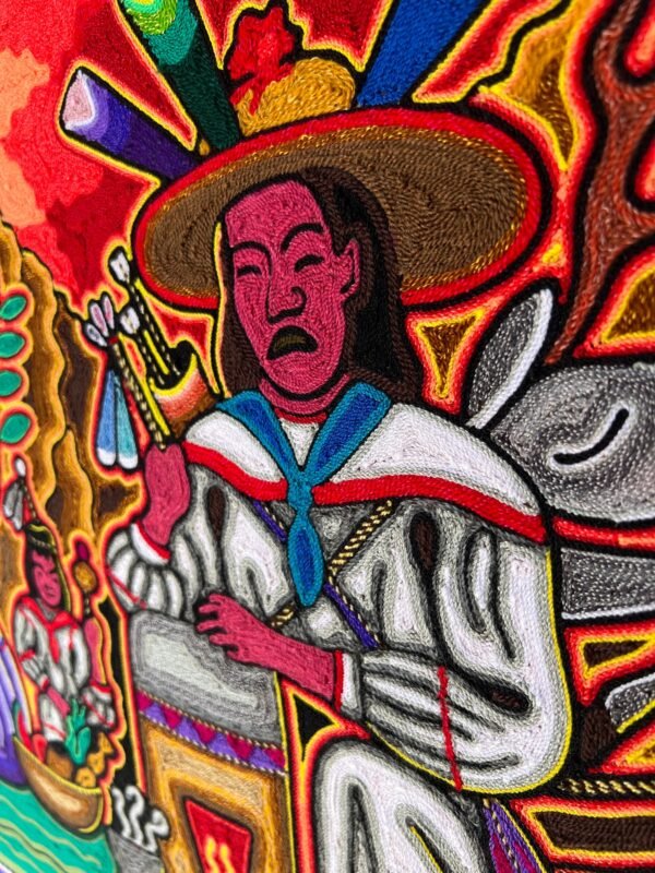 Huichol yarn painting, Mexican wall art, Wixarika culture, Abstract painting, 24” x  24” - Image 5