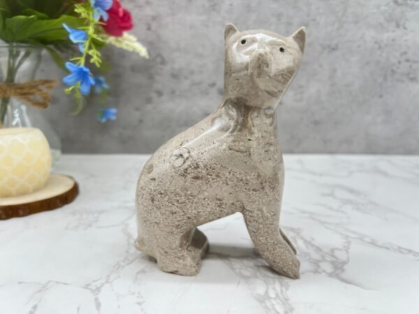 Marble Cat statue, Cat figurine, Stone cat sculpture, Cat carving, Beige cat figurine, Carved stone animal - Image 3
