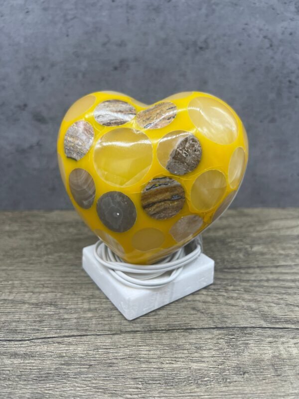 Table lamp crystal, Stone lamp, Heart figurine, Onyx lamp, Heart lamp, Love lamp, Yellow and white color - Image 5