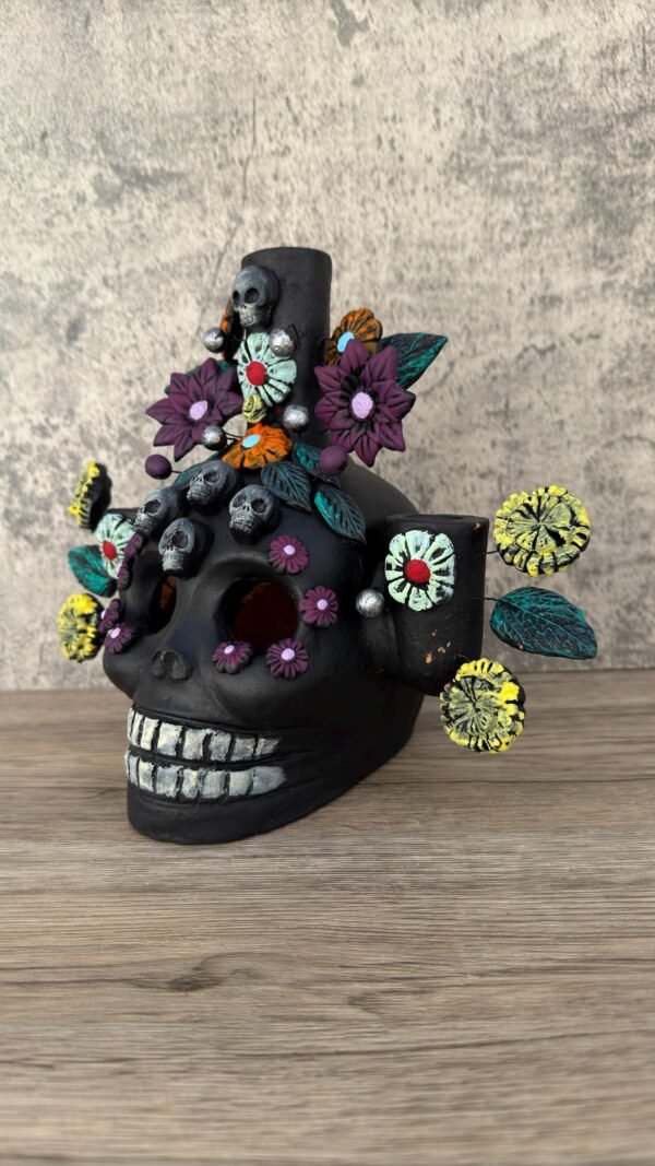 Skull Candle Holder (3) Michoacan Clay - Mini Chimney Artisanal Handcrafted Mexican Decor, Unique Gothic Home  Decor, Day of the Dead - Image 3