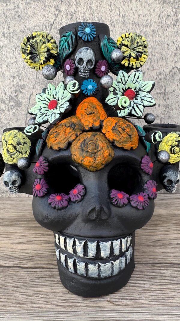 Skull Candle Holder (3) Michoacan Clay - Mini Chimney Artisanal Handcrafted Mexican Decor, Unique Gothic Home  Decor, Day of the Dead - Image 4