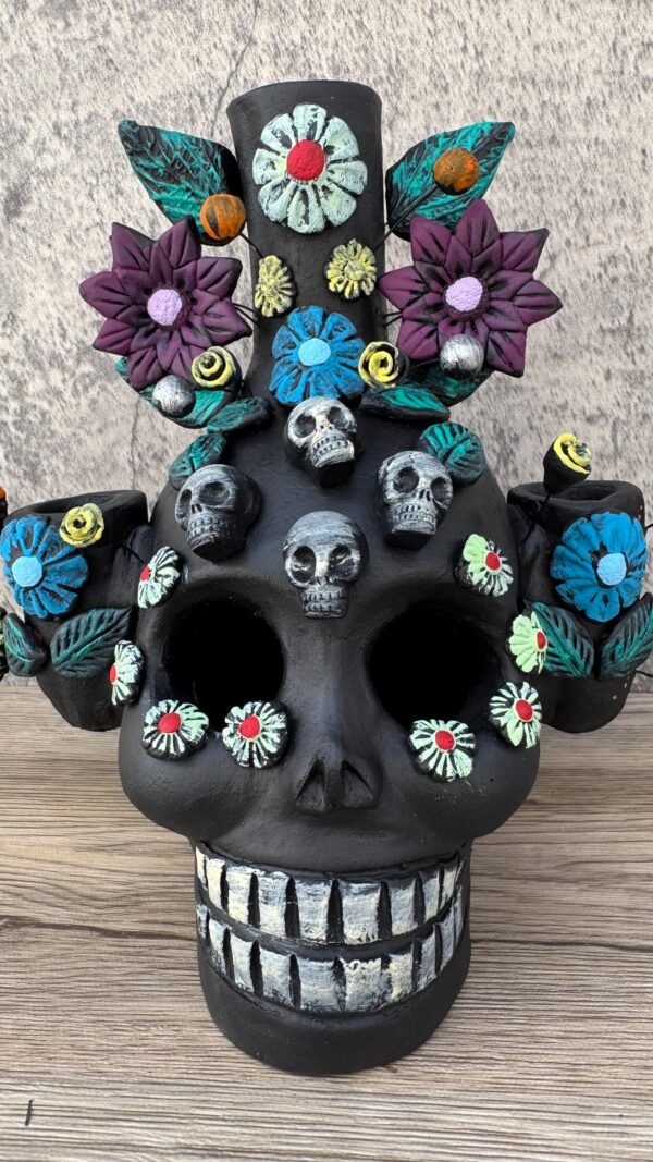 Skull Candle Holder (3) Michoacan Clay - Mini Chimney Artisanal Handcrafted Mexican Decor, Unique Gothic Home  Decor, Day of the Dead - Image 4