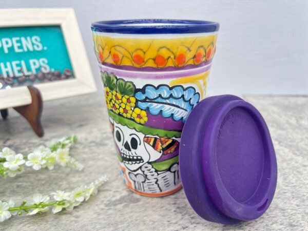 Cappuccino Skull Cup, Frida Mexican Coffee Mug, Puebla Talavera Pottery, Ceramic Thermos, Handmade Lead-Free Includes Lid, Custom Available - Image 3