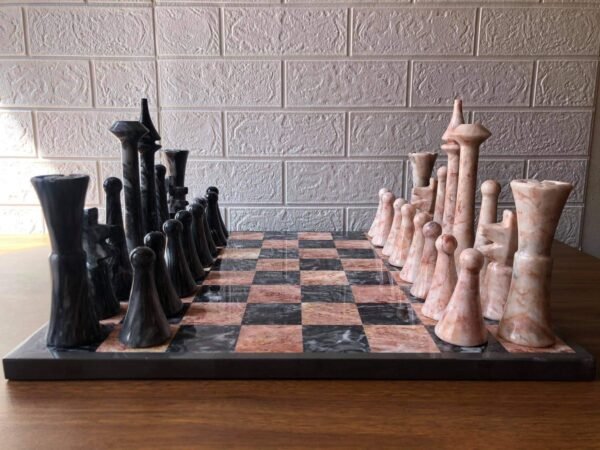 XL LARGE Chess set 16.53” x 16.53”, Marble Chess set in gray and pink, Stone Chess Set, Chess set handmade, Italian design - Image 4