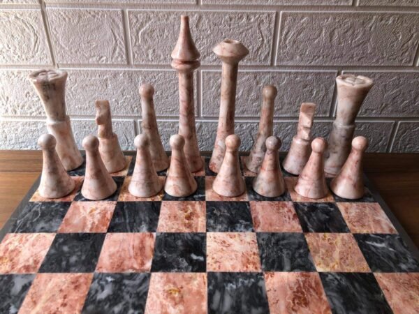 XL LARGE Chess set 16.53” x 16.53”, Marble Chess set in gray and pink, Stone Chess Set, Chess set handmade, Italian design - Image 5