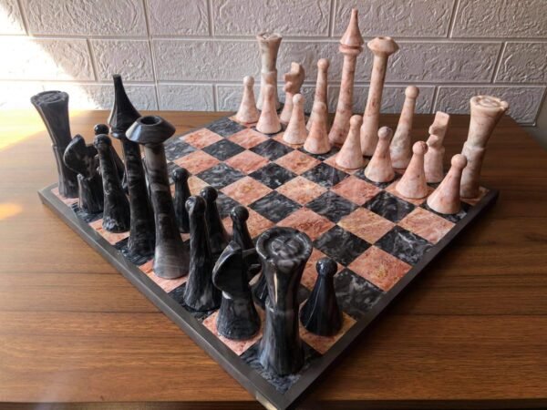 XL LARGE Chess set 16.53” x 16.53”, Marble Chess set in gray and pink, Stone Chess Set, Chess set handmade, Italian design - Image 7
