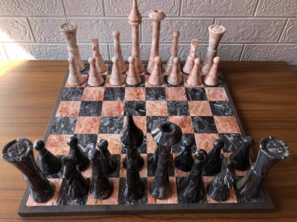 XL LARGE Chess set 16.53” x 16.53”, Marble Chess set in gray and pink, Stone Chess Set, Chess set handmade, Italian design - Image 8