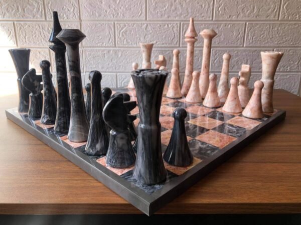XL LARGE Chess set 16.53” x 16.53”, Marble Chess set in gray and pink, Stone Chess Set, Chess set handmade, Italian design - Image 9