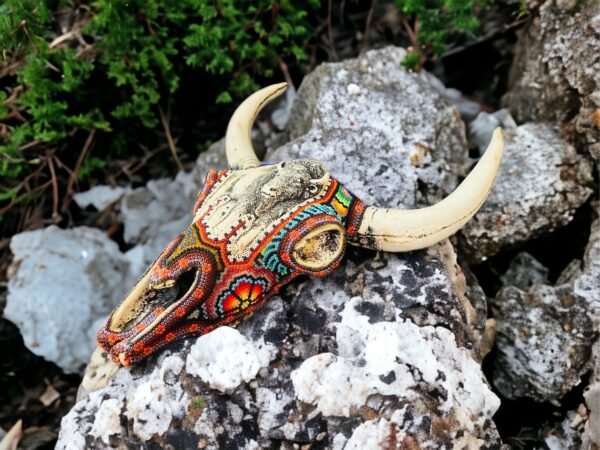 Bull Sculpture Huichol Statue Of Mexican Folk Art, Bighorn Sheep Wixarika As A Mexican Decorative Figure, Made Of Resin And Beads - Image 3