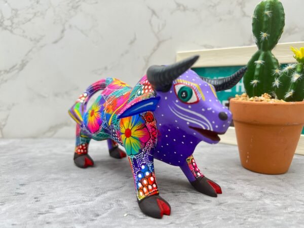 Bull Figurine Mexican Folk Art Alebrije Statue, Wooden Bull As Mexican Decoration Art, Made Of Wood And Carved By Hand - Image 3