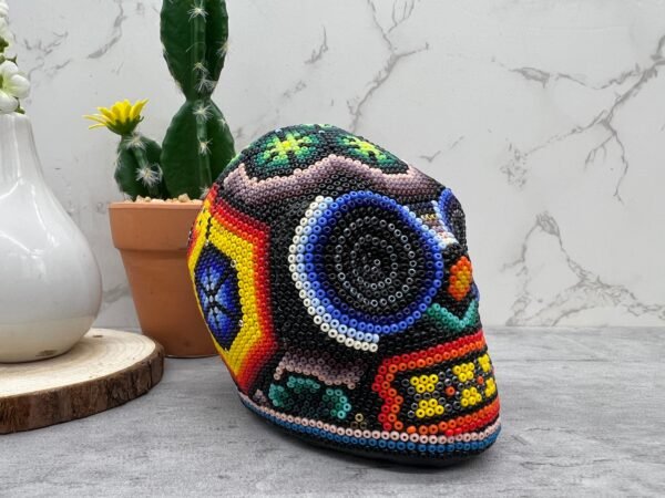 Human skull Huichol Sculpture Of Mexican Folk Art, Skull head  Wixarika As A Mexican Decorative Figure , Made Of Wood And Beads - Image 4