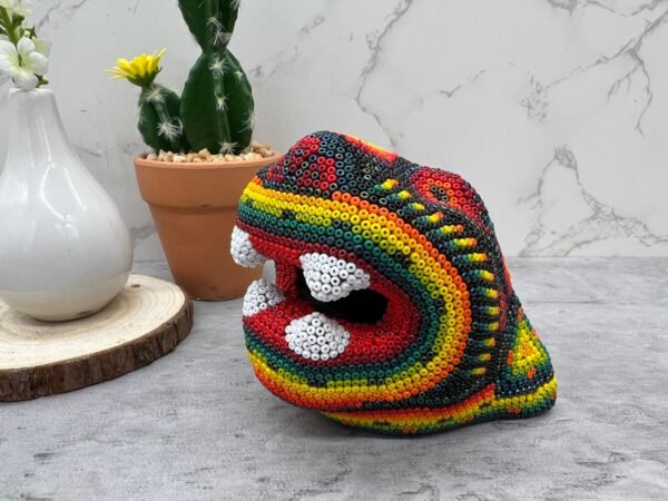 Jaguar Statue  Huichol Sculpture Of Mexican Folk Art, Panther Wixarika As A Mexican Decorative Figure , Made Of Resin And Beads - Image 4