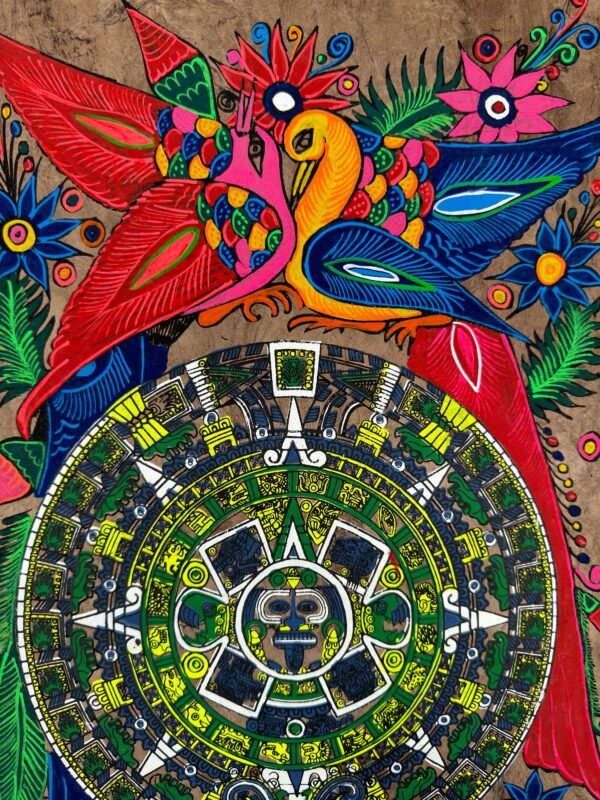 Aztec calendar painted on amate paper, original amate paintings in Mexican art, acrylic painting / Mexican painting authentic artisans. - Image 3