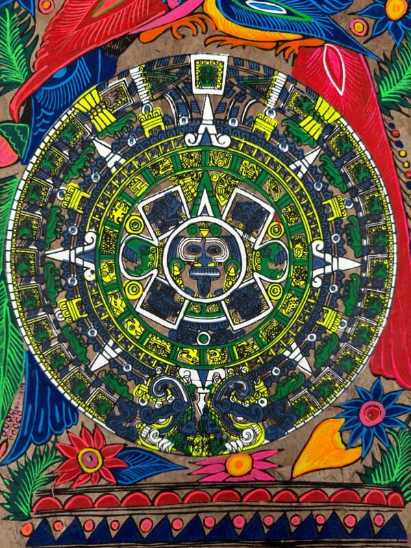 Aztec calendar painted on amate paper, original amate paintings in Mexican art, acrylic painting / Mexican painting authentic artisans. - Image 4