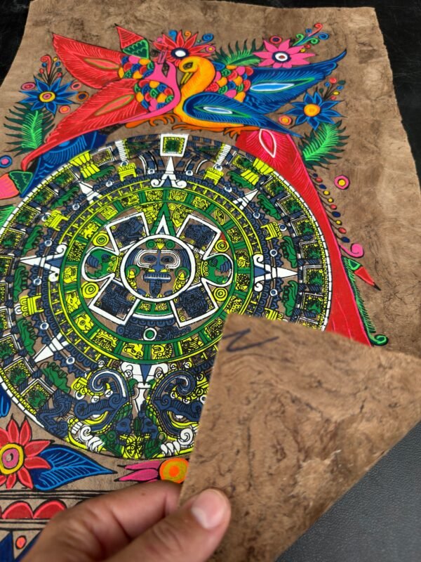 Aztec calendar painted on amate paper, original amate paintings in Mexican art, acrylic painting / Mexican painting authentic artisans. - Image 5