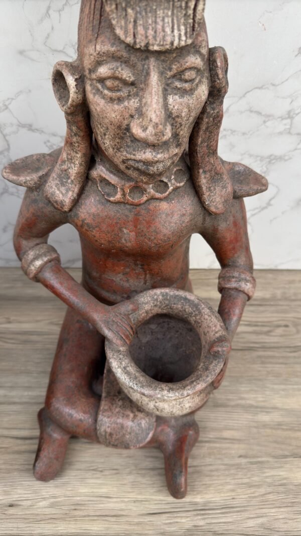 Handmade Mayan Warrior with Headdress and Bowl, Pre-Columbian Style Terracotta Statue, Mexican Indigenous Art from Metepec, Rustic Tribal - Image 3