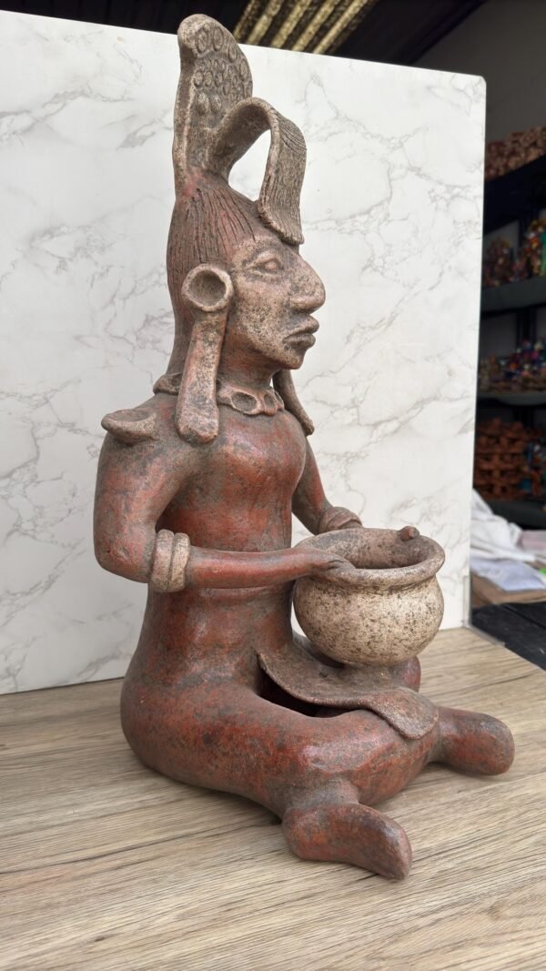 Handmade Mayan Warrior with Headdress and Bowl, Pre-Columbian Style Terracotta Statue, Mexican Indigenous Art from Metepec, Rustic Tribal - Image 4