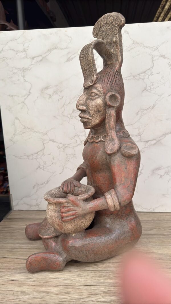 Handmade Mayan Warrior with Headdress and Bowl, Pre-Columbian Style Terracotta Statue, Mexican Indigenous Art from Metepec, Rustic Tribal - Image 5