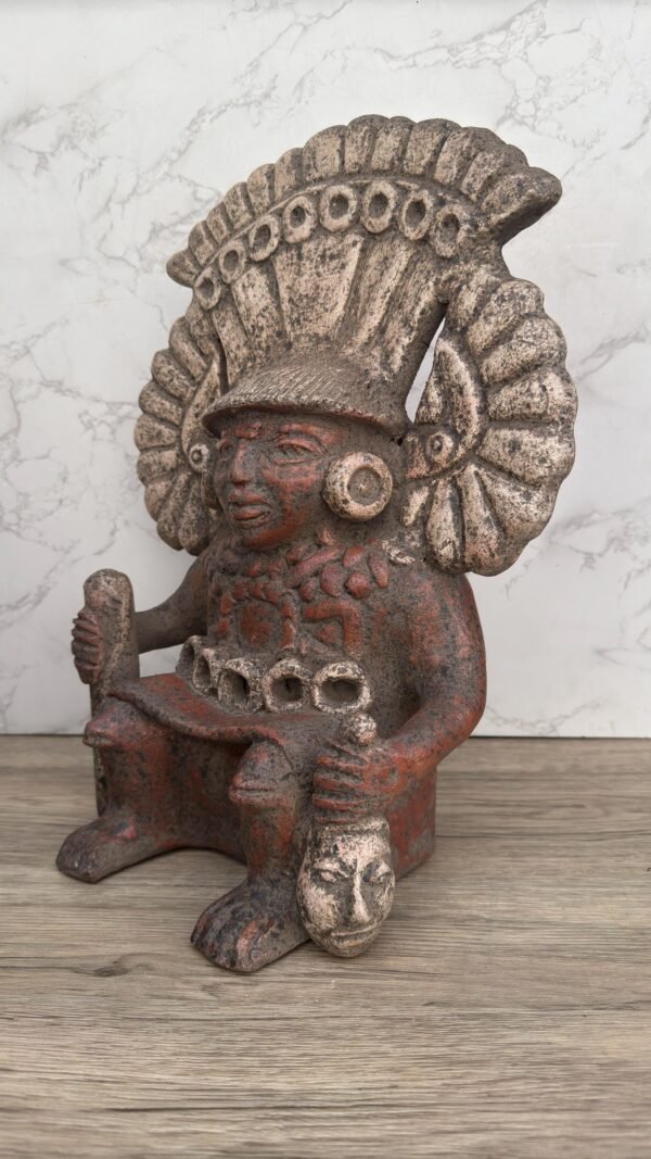 Pre-Columbian Warrior Sculpture, Handmade Clay Statue, Feathered Headdress Figurine, Ritual Offering Figure, Terracotta Ceremonial Art - Image 3