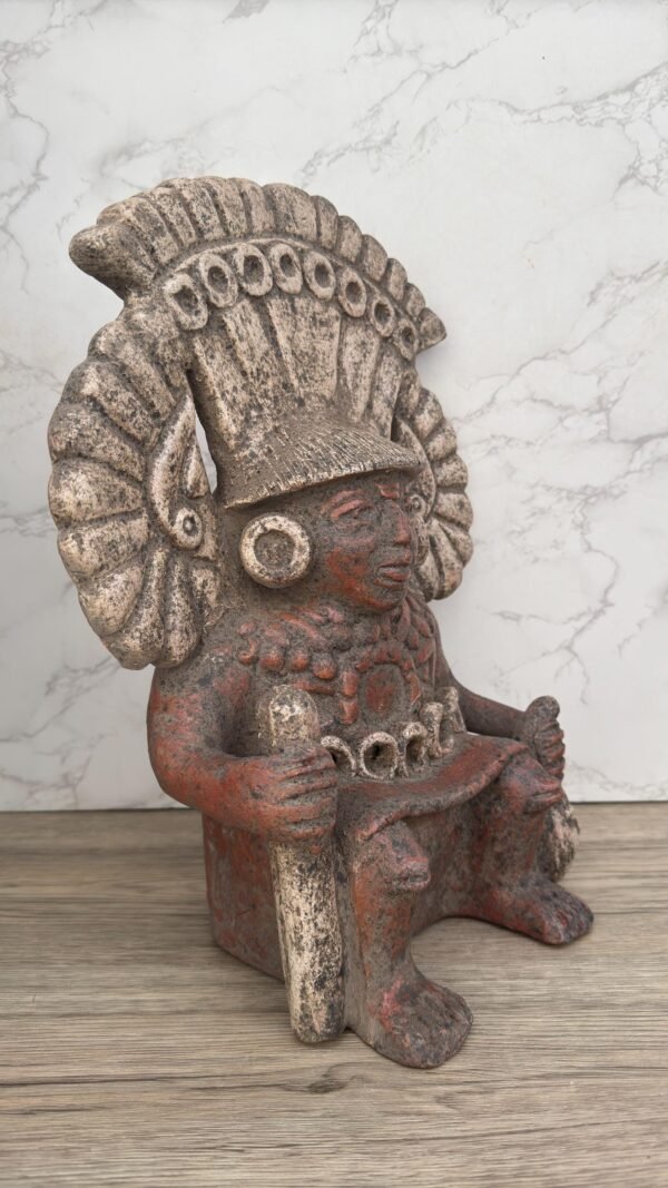 Pre-Columbian Warrior Sculpture, Handmade Clay Statue, Feathered Headdress Figurine, Ritual Offering Figure, Terracotta Ceremonial Art - Image 4