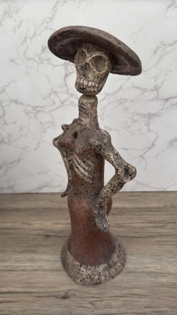 Catrina Clay Sculpture, Handmade Day of the Dead Figurine, Mexican Folk Art, Elegant Skeleton, Rustic Terracotta Decor, Día de Muertos Art - Image 3