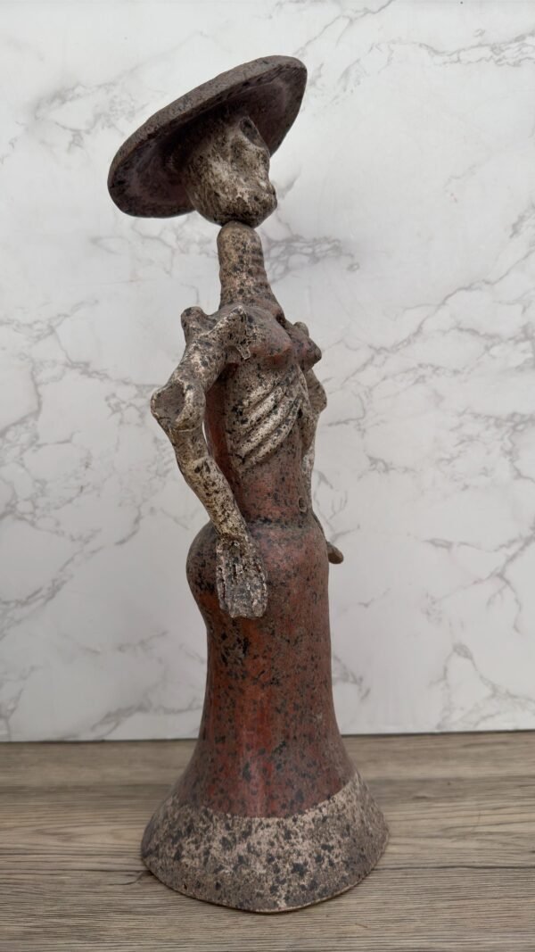 Catrina Clay Sculpture, Handmade Day of the Dead Figurine, Mexican Folk Art, Elegant Skeleton, Rustic Terracotta Decor, Día de Muertos Art - Image 4