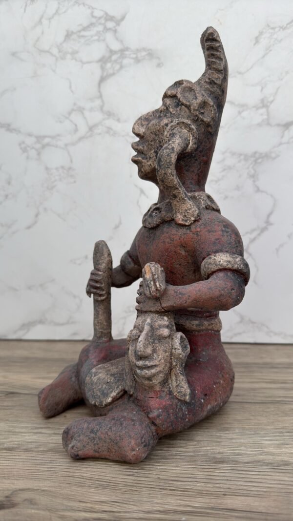 Mayan Warrior Sculpture, Handmade Clay Figurine, Feathered Headdress Statue, Ritual Sacrifice Art, Decapitated Head Detail, Pre-Columbian - Image 3
