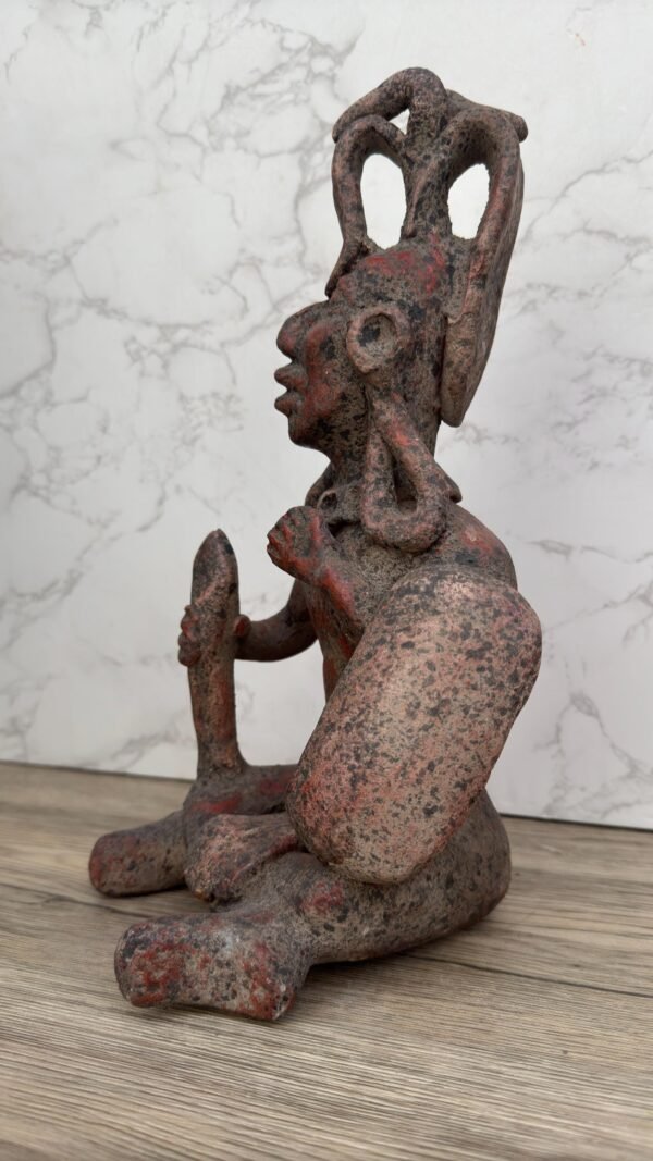 Mayan Warrior Sculpture, Handmade Clay Figure, Feathered Headdress Statue, Shield and Vessel Decor, Art Indigenous Heritage Fustic Home - Image 4